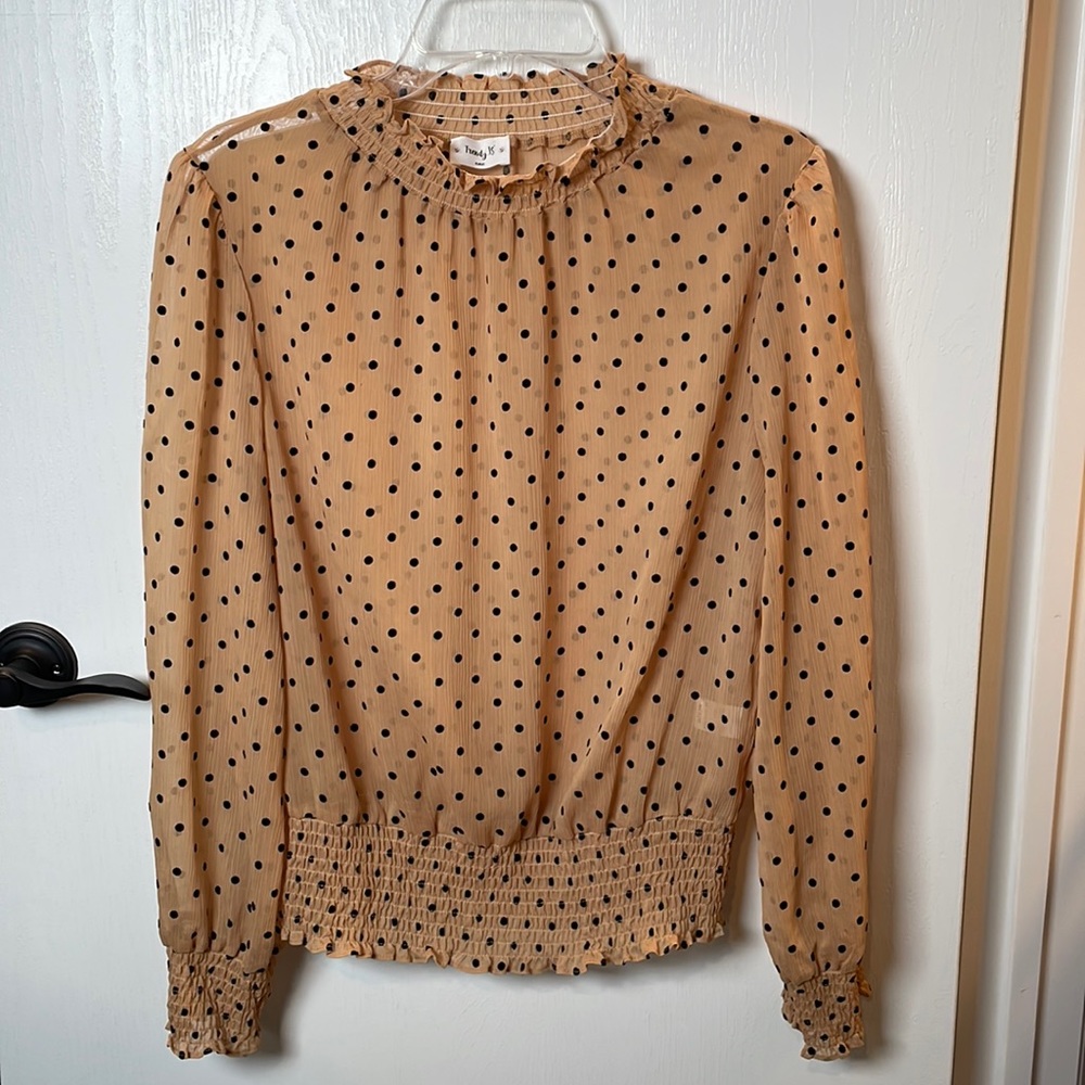 Trendy JS Sheer gold black polka dot sexy blouse